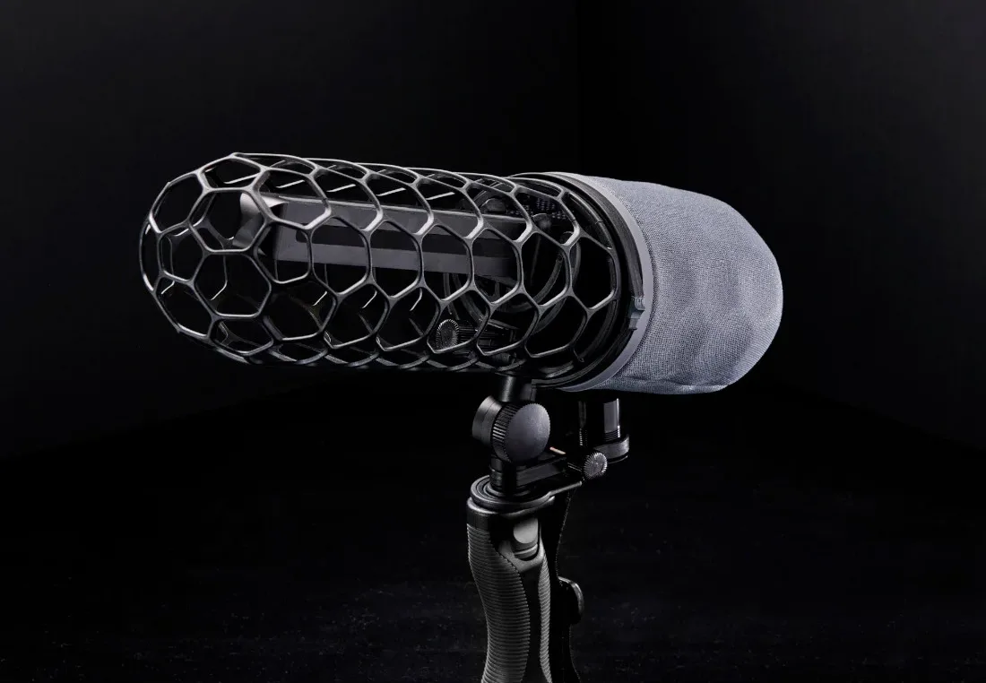 Konos mic mounted in an assembled Rycote Nano-Shield on a pistol-grip suspension
